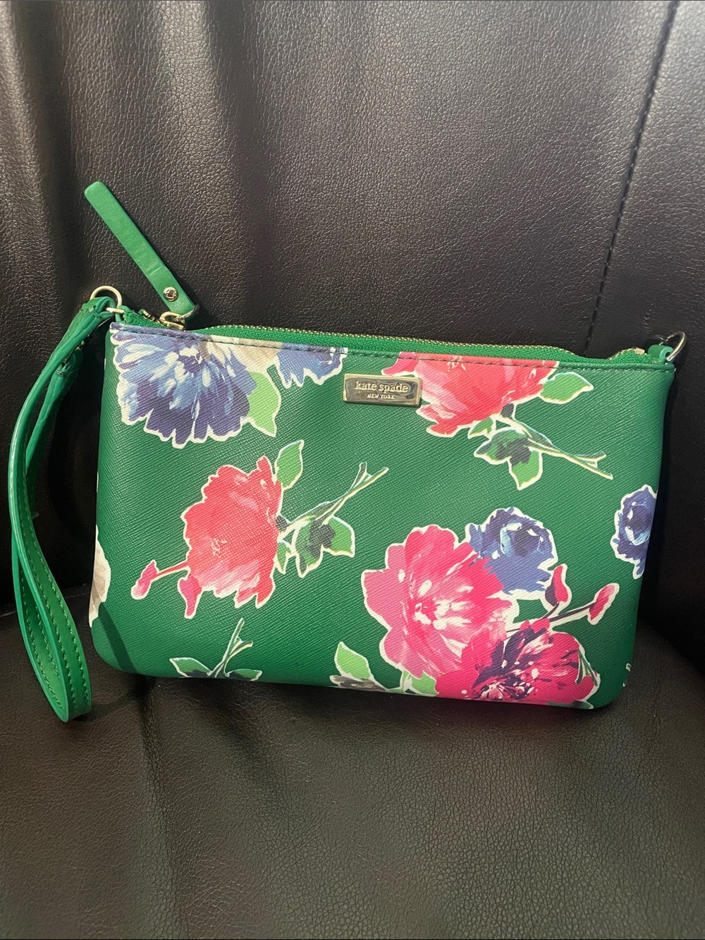 kate spade Green Floral Wristlet Clutch with Pink & Purple Blooms